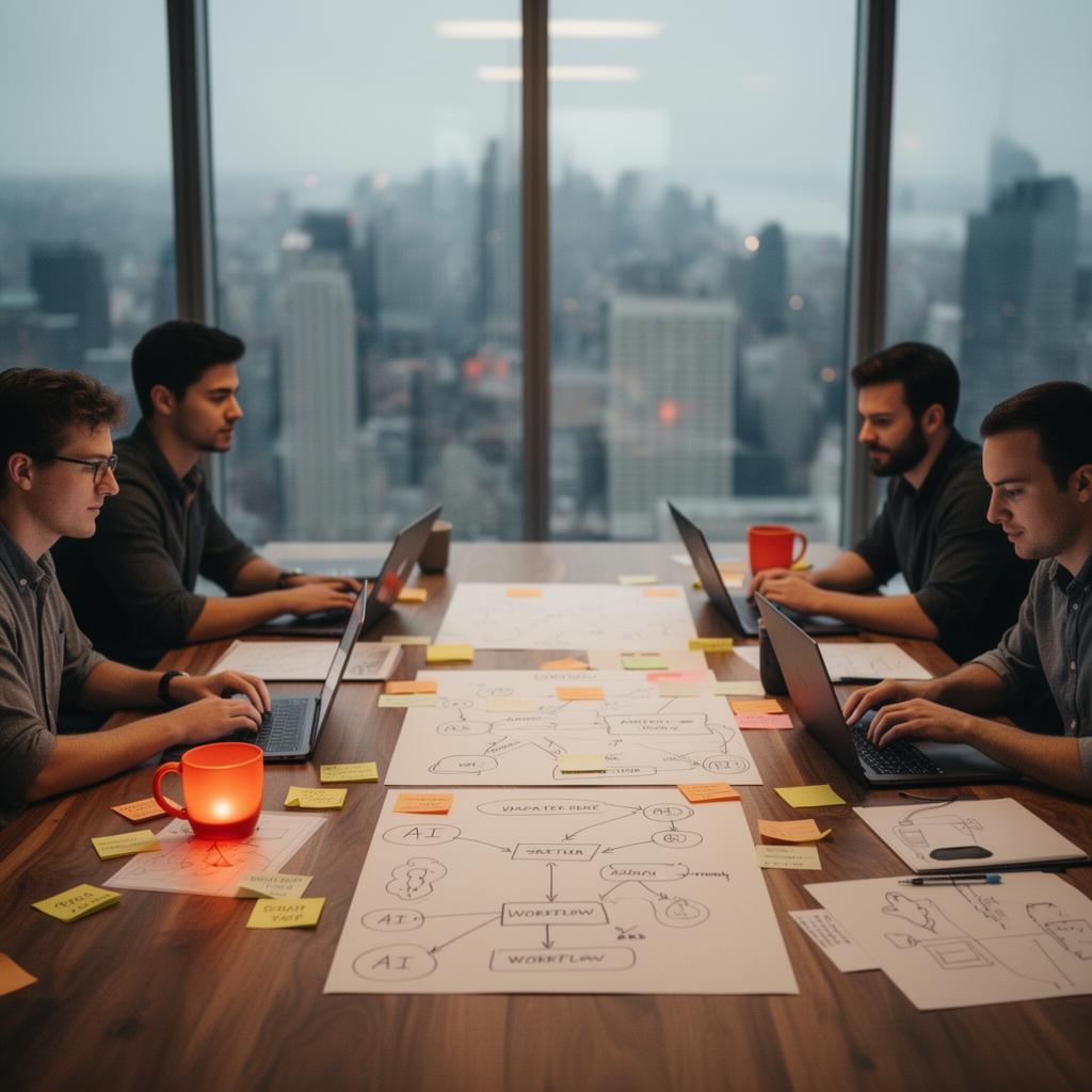 A dedicated AI team collaborating on workflow architecture in a modern conference room