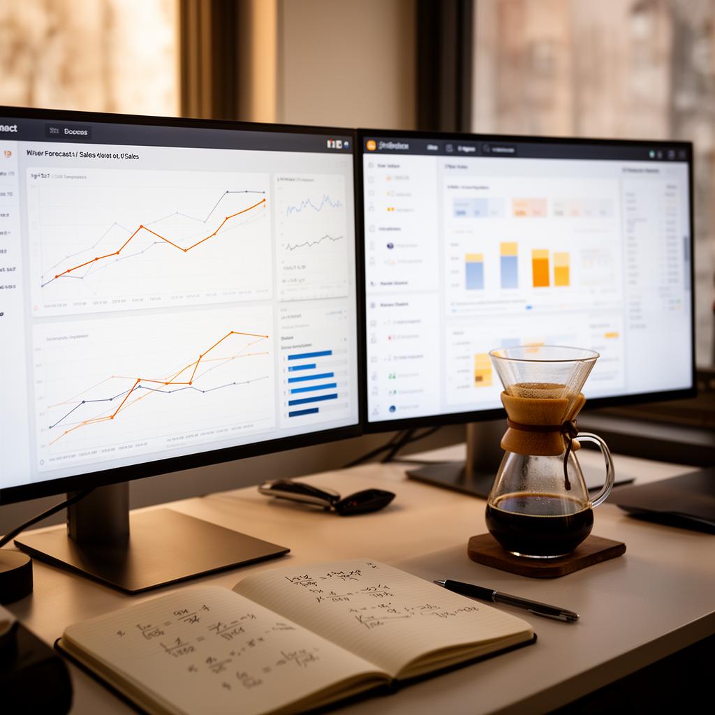 Dual monitors showing forecasting line charts and a sales BI dashboard at a clean workstation