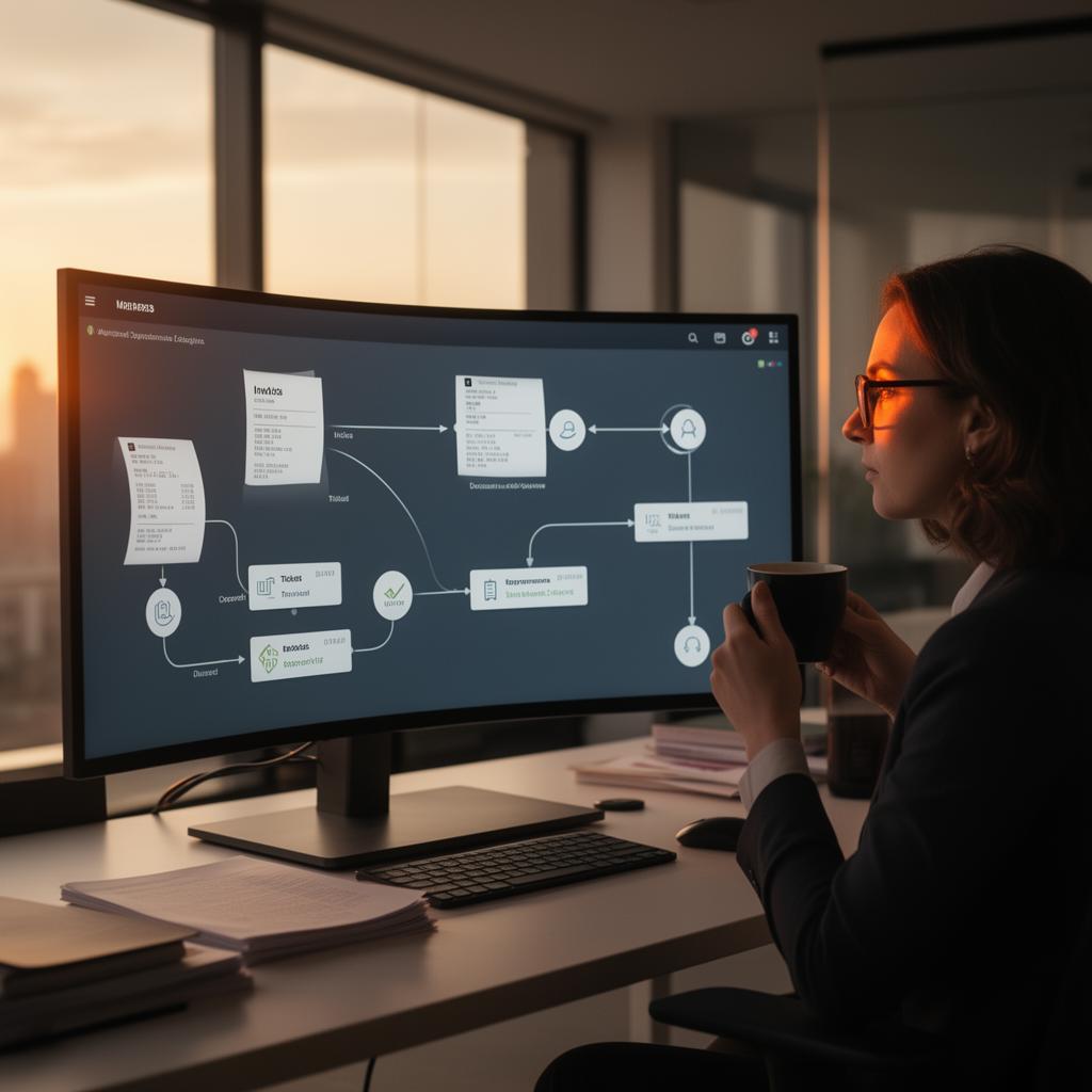 Operations manager monitoring an automated workflow dashboard on a wide curved monitor