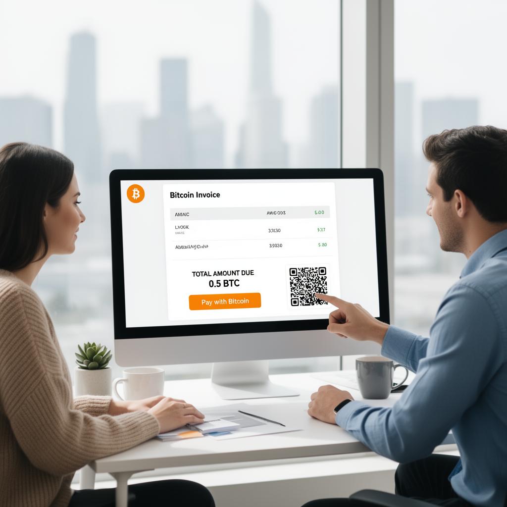 Two professionals reviewing a Bitcoin invoice on a desktop monitor