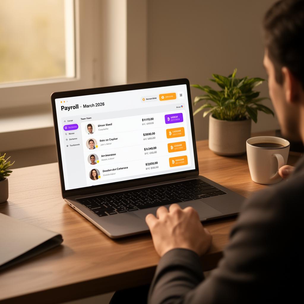 Laptop showing a Bitcoin payroll dashboard with team payouts