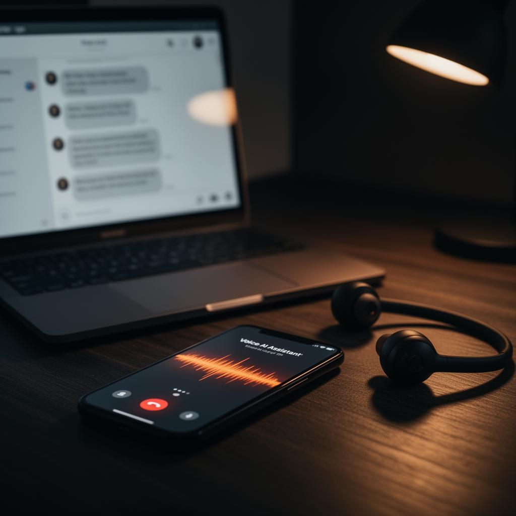 Smartphone with an active voice AI assistant call interface beside a laptop showing a chat transcript
