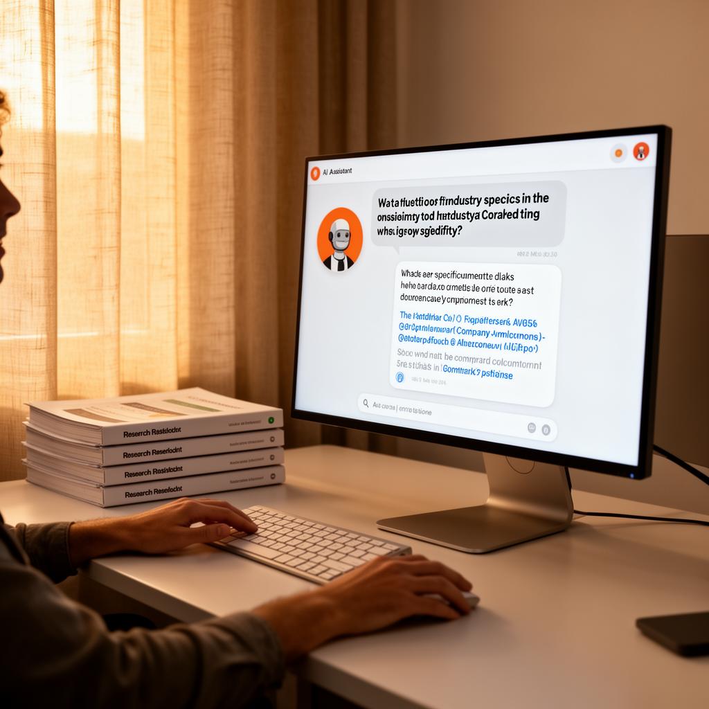 Knowledge worker chatting with a custom AI assistant on a large monitor citing internal company documents