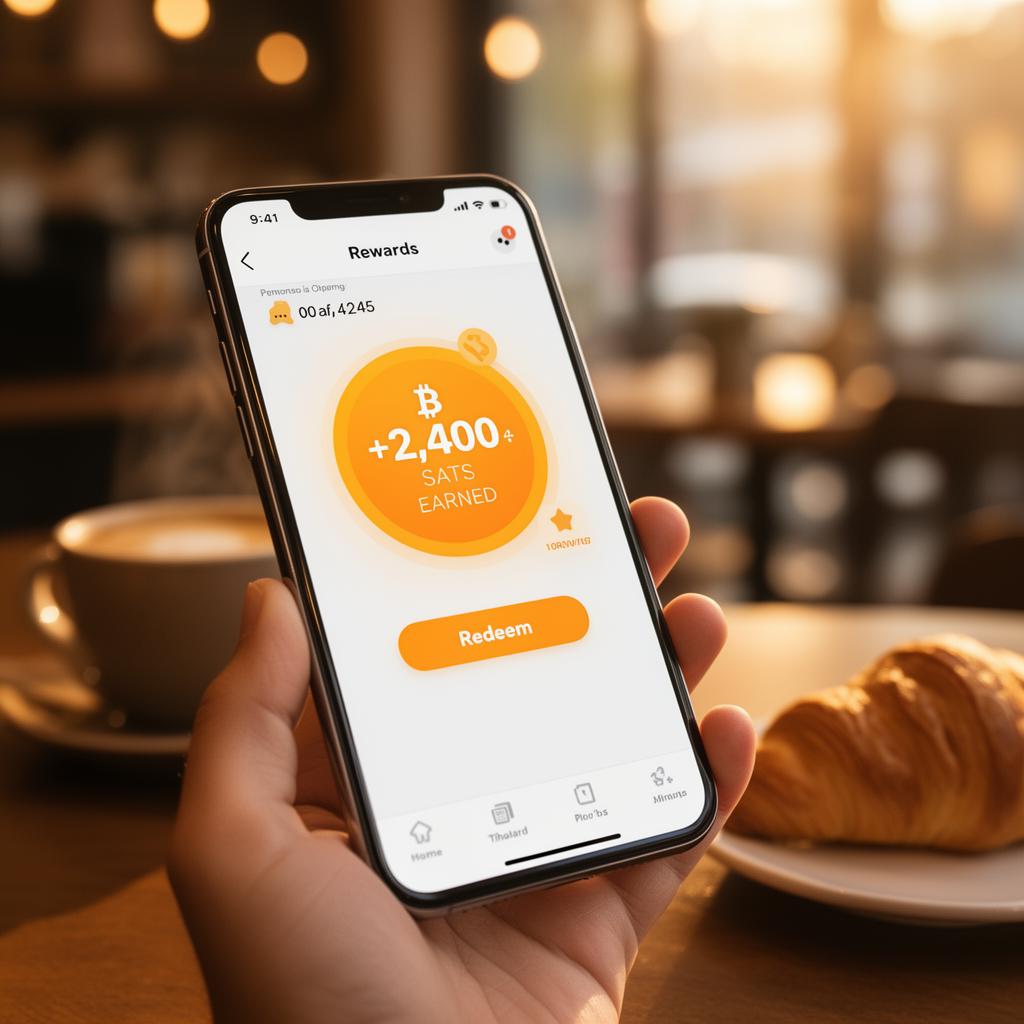 Phone showing a Bitcoin sats rewards screen at a cafe