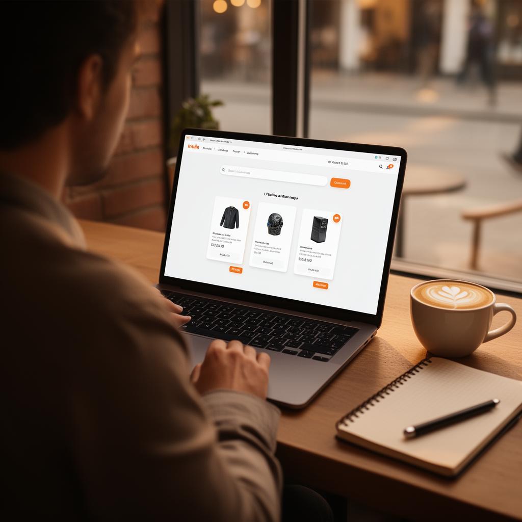Customer browsing an e-commerce site with AI-powered product recommendations on a laptop in a cafe
