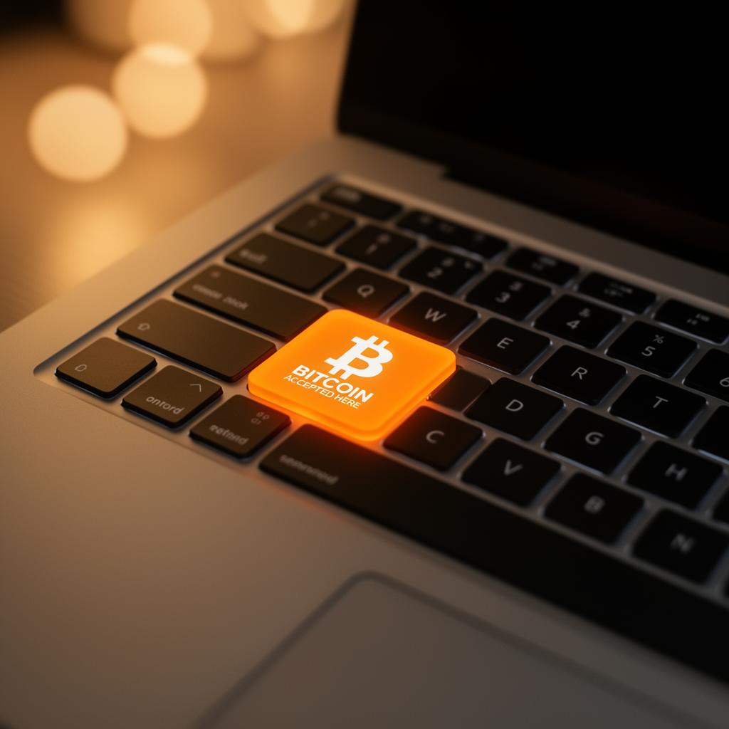 Laptop keyboard with a glowing Bitcoin Accepted Here key