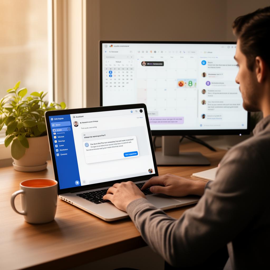 Marketing professional using an AI assistant embedded inside a familiar productivity tool on a laptop