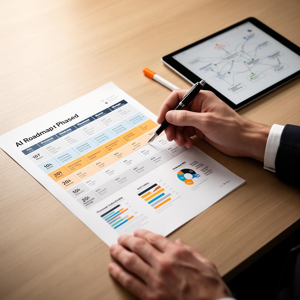 Strategy consultant annotating a printed AI roadmap with phased timeline and ROI charts
